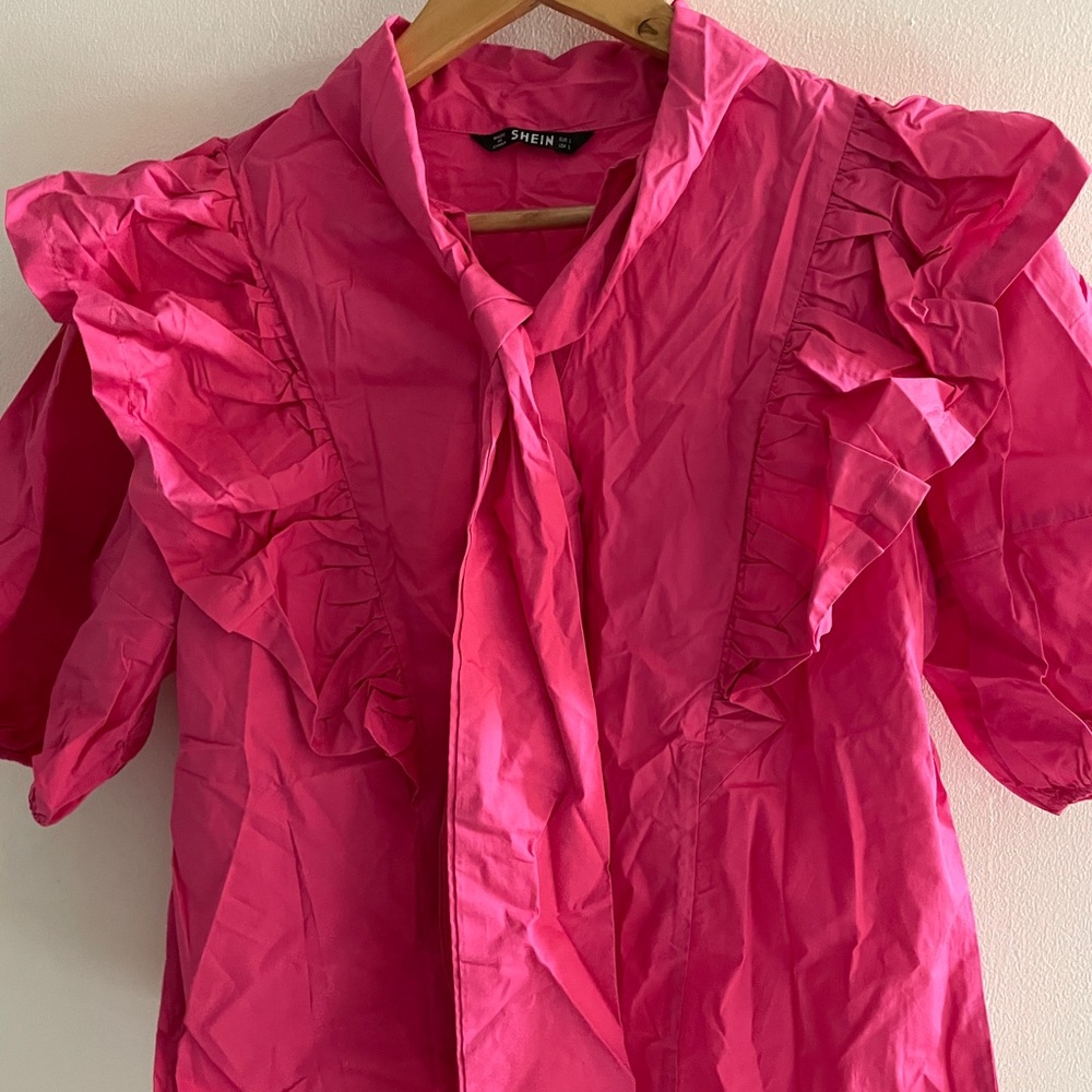 SHEIN Neon Pink Tie Neck Exaggerate Ruffle Trim Top - Picture 11 of 11